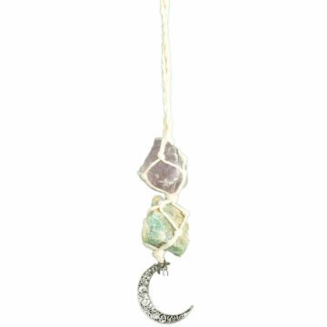 Ornament de agatat cu cristale vindecatoare Ametist si Amazonit cu snur alb, accesorii sub forma de semiluna si steluta Decor feng shui pentru oglinda masinii, casa si birou