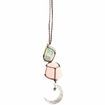 Ornament de agatat cu cristale vindecatoare Cuart Roz si Amazonit, accesorii sub forma de semiluna si steluta Decor feng shui pentru oglinda masinii, casa si birou