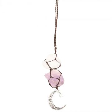 Ornament de agatat cu cristale vindecatoare Cuart Transparent si Ametist, accesorii sub forma de semiluna si steluta Decor feng shui pentru oglinda masinii, casa si birou