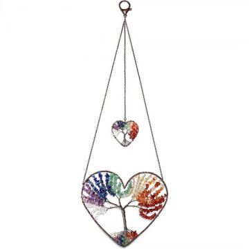 Ornament de agatat model arborele vietii in forma de inima - Realizat manual cu pietre semipretioase si cristale vindecatoare a celor 7 chakre