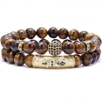 Set 2 Bratari elastice cu pietre semipretioase ochi de tigru de 8 mm ,   bratara pentru meditatie, yoga, reiki