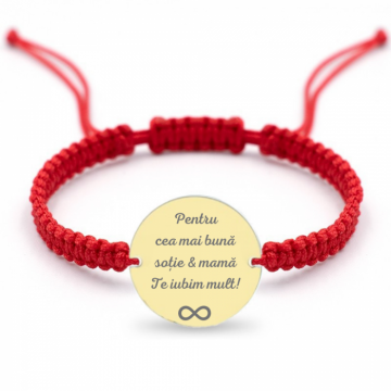 Bratara Aur dama personalizata text, snur rosu reglabil, banut aur 19 mm