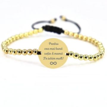 Bratara cu banut personalizat, Argint 925 placat cu aur, snur reglabil