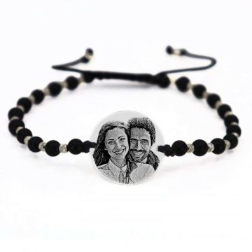 Bratara cu banut personalizat cu poza din Argint 925, bilute Onix si snur reglabil