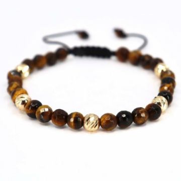 Bratara cu bile de aur 14K, pietre Ochi de Tigru 6mm si snur reglabil