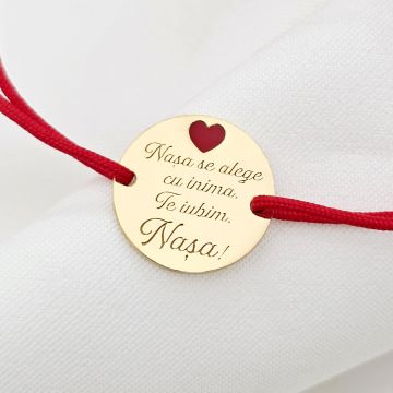 Bratara Nasa mea - Argint 925 placat cu Aur Galben 18K - Inimioara cu email rosu - Snur reglabil, diverse culori