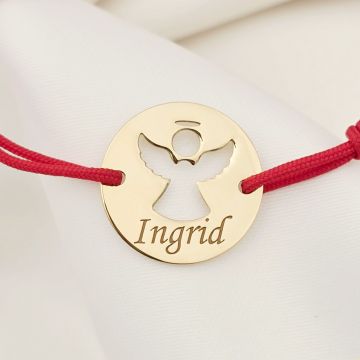 Bratara personalizata - Banut 15 mm - Inger pazitor decupat cu aripi deschise - Argint 925 placat cu Aur Galben 18K - Snur reglabil