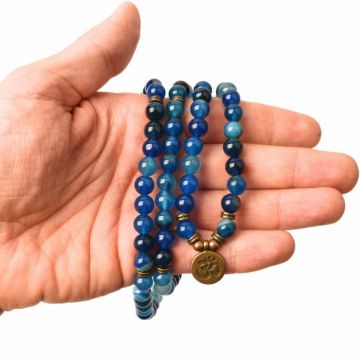Dubla utilizare Bratara Colier cu Simbolul Yoga si 108 de Margele Mala 8mm din Agat Albastru Accesoriu Spiritual pentru Meditatie si Bijuterie pentru Femei si Barbati