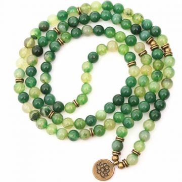 Dubla utilizare Bratara Colier Mala din Agat Verde cu 108 Margele de 8mm Ajustabila si Elastica, cu Simbolul Lotus si Viata pentru Yoga