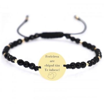 Bratara snur cu bilute Onix si banut 18 mm personalizata text, Aur 14K