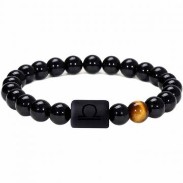 Bratara zodie Balanta din pietre naturale 8mm Obsidian si Ochi de Tigru pentru barbati cu cele 12 constelatii - Include dubla gravura cu semn zodiacal specific