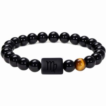 Bratara zodie Fecioara din pietre naturale 8mm Obsidian si Ochi de Tigru pentru barbati cu cele 12 constelatii - Include dubla gravura cu semn zodiacal specific