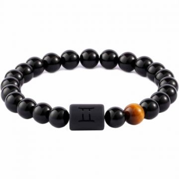 Bratara zodie Gemeni din pietre naturale 8mm Obsidian si Ochi de Tigru pentru barbati cu cele 12 constelatii - Include dubla gravura cu semn zodiacal specific