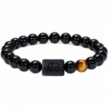 Bratara zodie Rac din pietre naturale 8mm Obsidian si Ochi de Tigru pentru barbati cu cele 12 constelatii - Include dubla gravura cu semn zodiacal specific