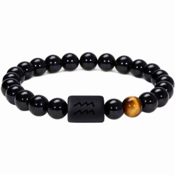 Bratara zodie Varsator din pietre naturale 8mm Obsidian si Ochi de Tigru pentru barbati cu cele 12 constelatii - Include dubla gravura cu semn zodiacal specific