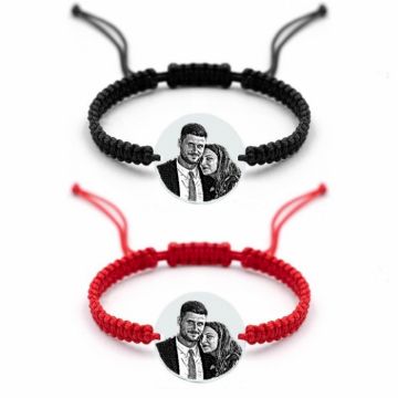 Bratari Personalizate Cuplu - Banut Argint 18 mm Gravat cu Poza si Text, snur Impletit Reglabil