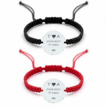 Bratari Personalizate Cuplu - Banut Argint 18 mm Gravat Text, snur Impletit Reglabil