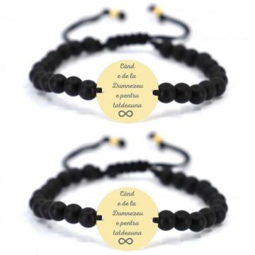 Bratari Personalizate Cuplu - Banut Argint 19 mm Placat cu Aur, Gravat Text, Pietre Onix 6mm, snur Reglabil