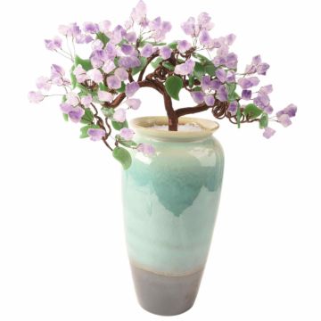Capodopera  Pin de Bun Venit : Vaza Ceramica cu Arbore Floral din Ametist Brut, Frunze de Jad Verde si Umplutura de Cristal Transparent ,   Inaltime 50 cm