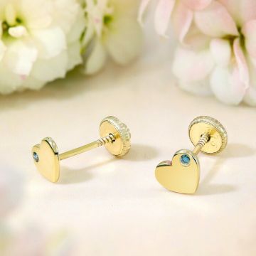 Cercei copii/bebe cu Diamant natural albastru - Model inima - Aur Galben 9K - Inchizatoare sigura si confortabila cu filet