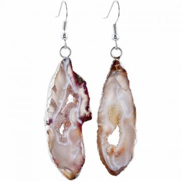 Cercei cu piatra semipretioasa naturala onyx deschis forma geoda cu metal placat argintiu