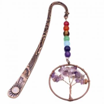 Semn de Carte cu Arborele Vietii si Cele 7 Chakre, Decorat cu Pietricele de Ametist - Un Cadou Spiritual Inedit