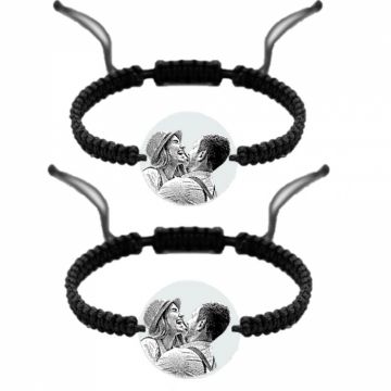 Bratari Cuplu Personalizate - Banut Argint 18 mm Gravat cu Poza si Text, snur Impletit Reglabil