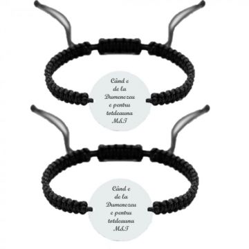Bratari Cuplu Personalizate - Banut Argint 18 mm Gravat Text, snur Impletit Reglabil