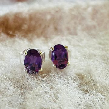 Cercei stud ametist argint 6 mm Oval