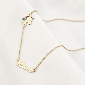 Lantisor personalizat cu Nume si pandantiv lateral Unicorn colorat cu email - Argint 925 placat cu Aur Galben 18K