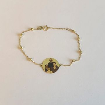 Bratara cu banut 16 mm personalizat gravura foto si lantisor cu bilute din aur 14K pentru dama