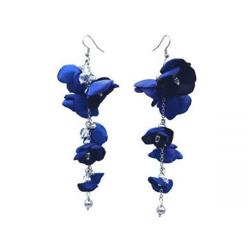 Cercei foarte lungi cu flori din matase satinata, inox, albastri, Seduction, Corizmi