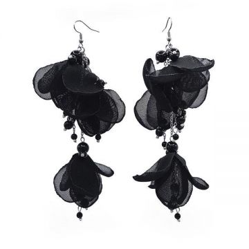 Cercei foarte lungi voluminosi cu flori din voal, culoarea negru, perle si inox, Lovely, Corizmi