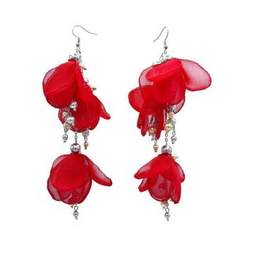 Cercei foarte lungi voluminosi cu flori din voal, culoarea rosu, perle si inox, Lovely, Corizmi