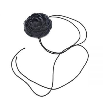 Colier choker floare trandafir din voal culoarea gri inchis cu snur, Fantasy, Corizmi