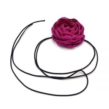 Colier choker floare trandafir din voal culoarea magenta cu snur negru, Fantasy, Corizmi