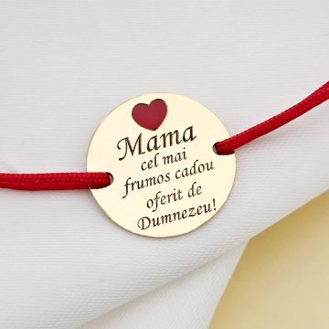 Bratara Mama, cadou de la Dumnezeu - Argint 925 placat cu Aur Galben 18K si inima cu email rosu - Snur reglabil, diverse culori