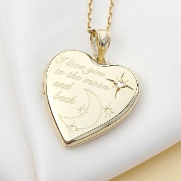 Medalion inima cu poze in interior - I love you to the moon and back - Argint 925 placat cu Aur Galben 18K