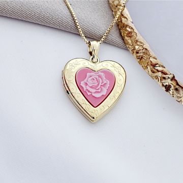 Medalion inima cu poze in interior - Pink Rose - Argint 925 placat cu Aur Galben 18K