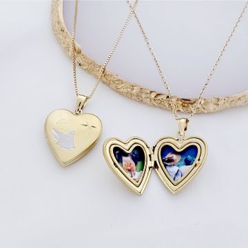 Medalion inima cu poze in interior - Praying Angel - Argint 925 rodiat & placat cu Aur Galben 18K