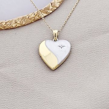 Medalion inima cu poze in interior - Yin&Yang - Argint 925 rodiat & placat cu Aur Galben 18K - Cristal White Zirconia