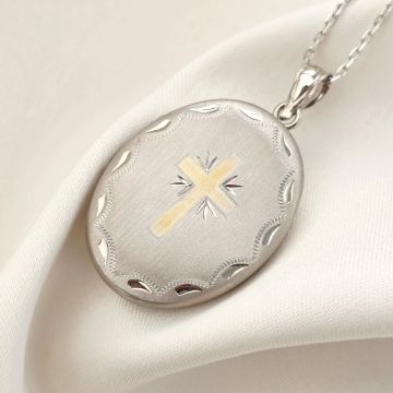 Medalion oval cu poze in interior - Gold Cross - Argint 925 rodiat & cruce placata cu Aur Galben 18K