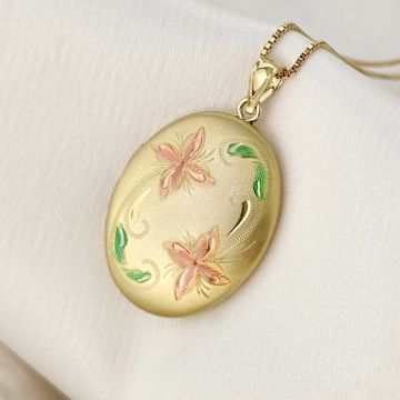 Medalion oval cu poze in interior - Pink Flowers - Argint 925 placat cu Aur Galben 18K