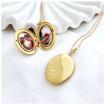 Medalion oval cu poze in interior - Yin&Yang - Argint 925 placat cu Aur Galben 18K - Cristal White Zirconia