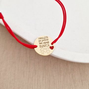 Bratara Omuletii bunicii - Argint 925 placat cu Aur Galben 18K- Inimioara cu email rosu - Snur reglabil, diverse culori