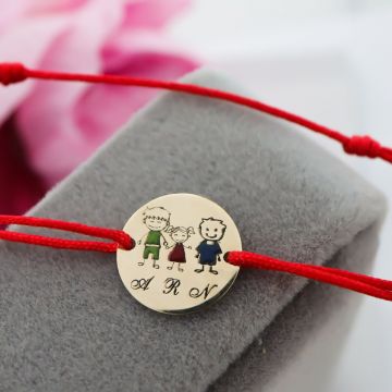 Bratara cu snur si banut 12mm din aur 14k personalizat cu copii si initiale