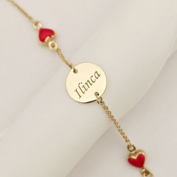 Bratara Chic Baby - Banut personalizat si Inimioare cu email rosu - Lantisor ajustabil - Aur Galben 9K