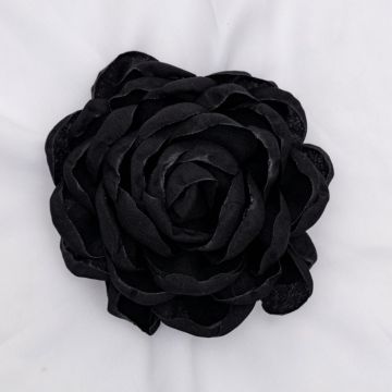 Brosa floare neagra din bumbac cu diametru de 15 cm, cu clips pentru par
