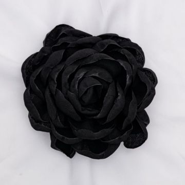Brosa floare neagra din bumbac cu diametru de 15 cm, cu clips pentru par