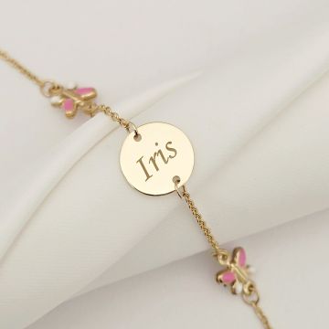 Bratara Chic Baby - Banut personalizat si Fluturasi cu email roz - Lantisor ajustabil - Aur Galben 9K